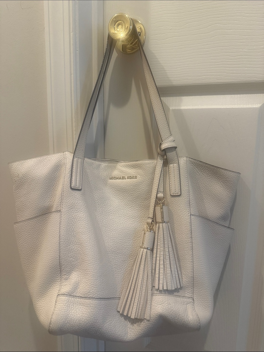 Michael Kors White Pebbled Leather Tote with Tassel Charm